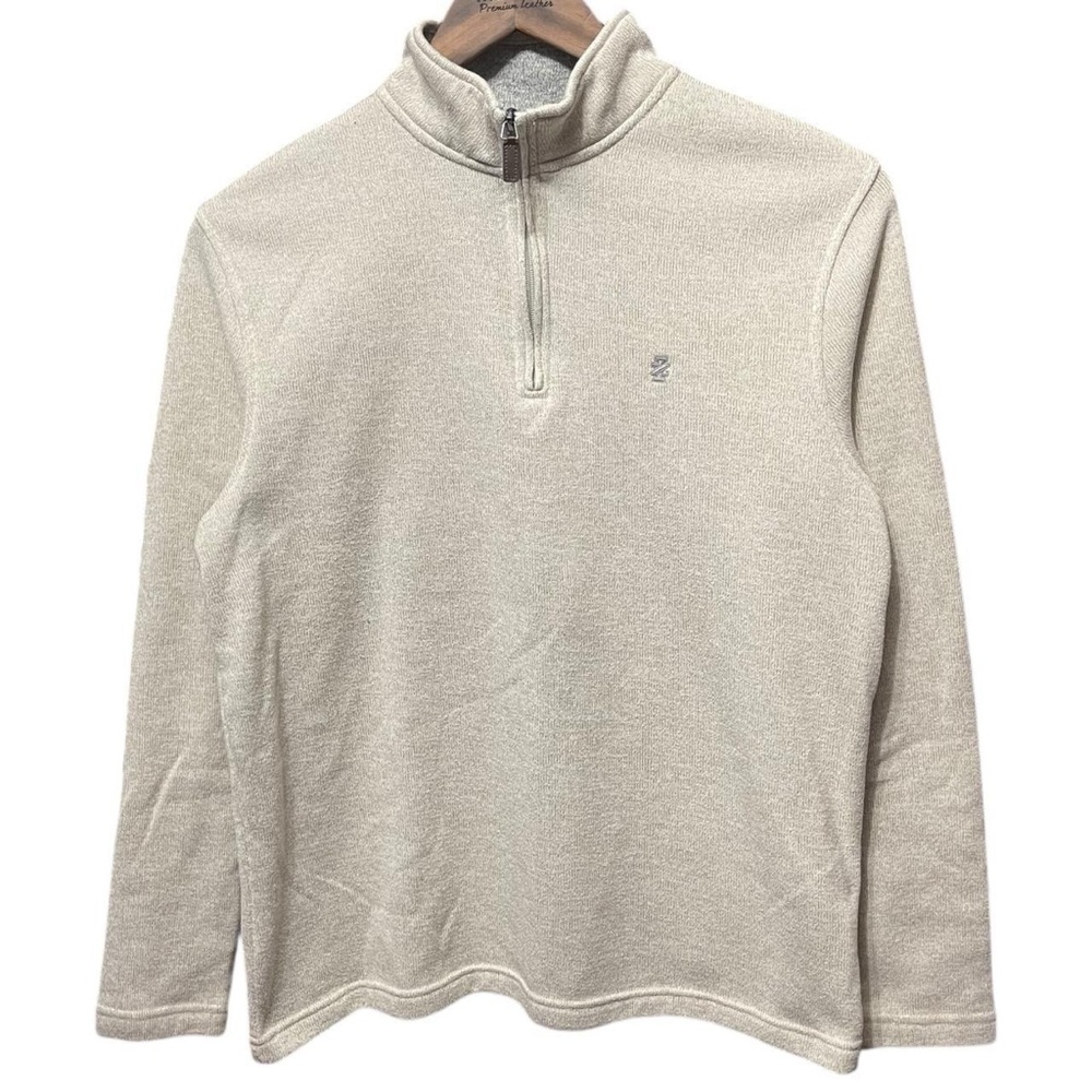 plain blank tan cream Izod small gray logo long sleeve quarter zip sweatshirt - Picture 1 of 5